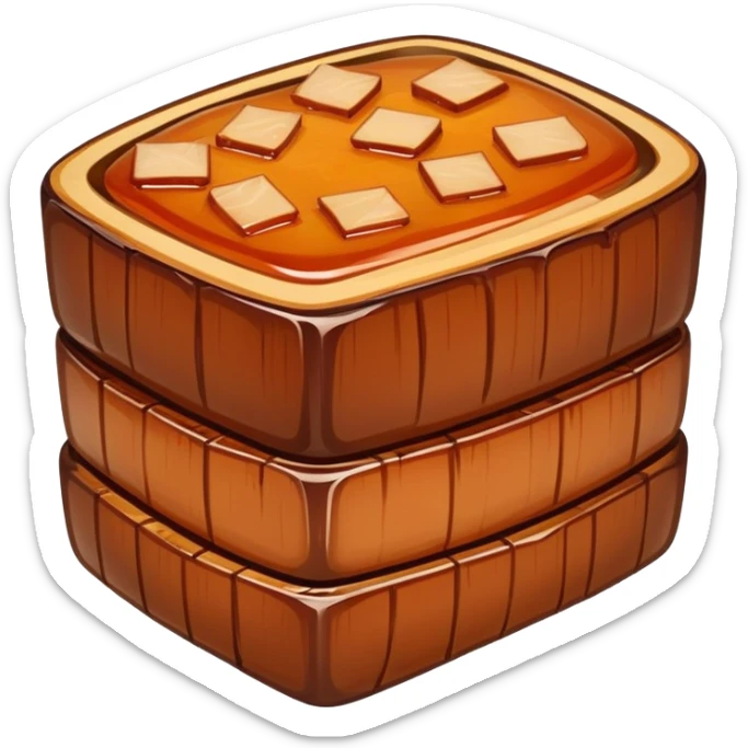 Dongpo Pork braised pork belly caramelized dish, simplified emoji style with bold outlines and bright colors, cartoon style Chinese culinary heritage sticker