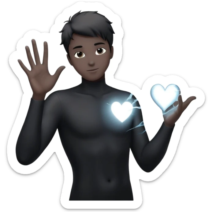 youthful male silhouette with glowing heart spark and flowing energy at fingertips, minimalist black or silver with soft dynamic motion sticker