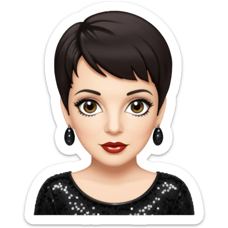 Liza Minnelli with dark brown hair, black sequin outfit sticker