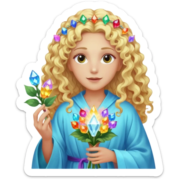 a being made of light pleidian nordic long faces and curly blond hair but beautiful features of light with a robe on made of light and who is lanky holding a bouquet of crystal flowers on rainbow fire sticker