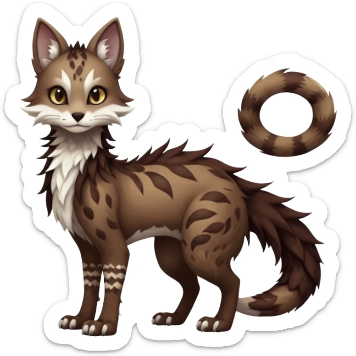 Kawaii dark edgy brown beige white fantasy ethereal feline-vernid-sergal-fursona animal creature with a tufted tail full body with intricate markings  sticker