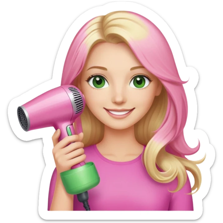 blonde with long hair and green eyes, holding a pink Dyson hair dryer, smiling sticker
