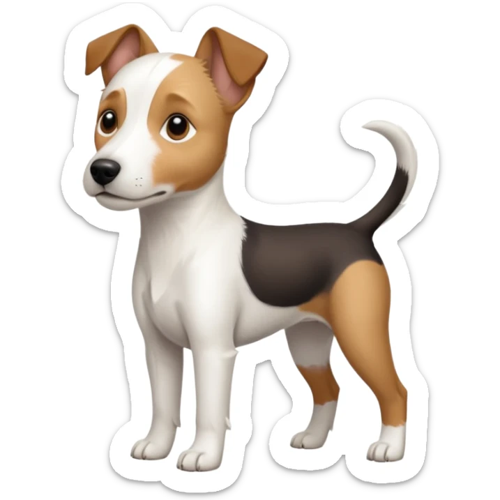 a full body slightly chubby white parson russell terrier looking dog the size of a kelpie with light brown long ears and a light brown patch on one eye and a large snout. the rest of the dog is completely white. forward facing sticker