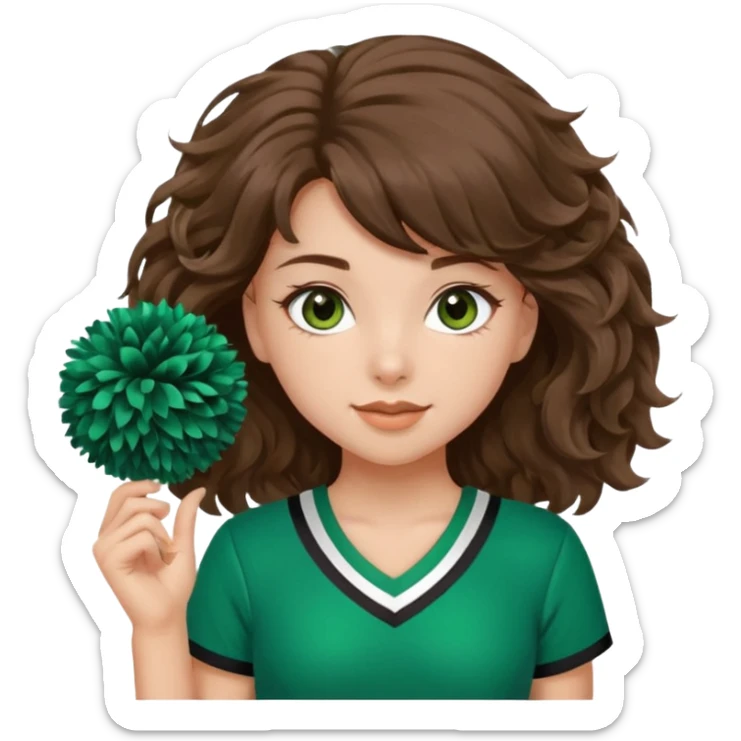 A pretty girl, her eyes is blue, her hair is brown long wavy hair, and wear green Hawkins cheerleader uniform and hold pompom sticker