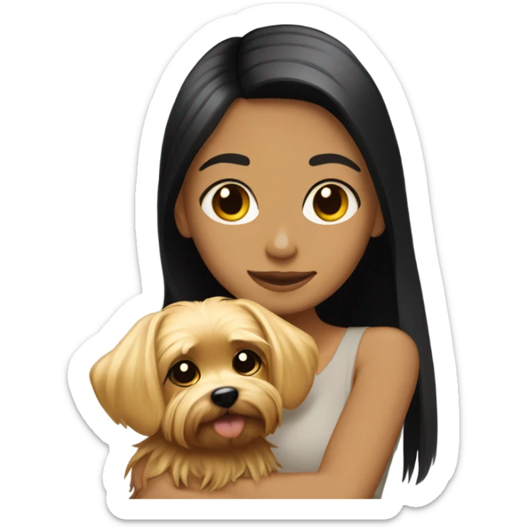 Tan girl with black straight hair hugging a blonde Yorkie  sticker