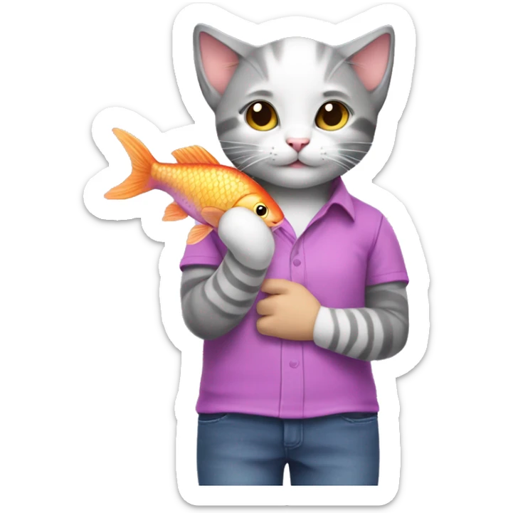 A gray and white kitten wearing a pink and purple shirt is holding a fish sticker