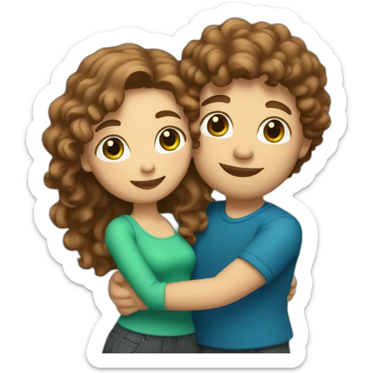 Couple, hugging, man with brown curly hair and blue eyes. chubby woman with long light brown curly hair and blue-green eyes. sticker