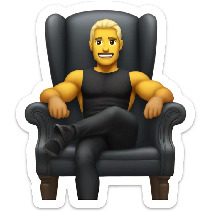 yellow muscle man in black turtleneck shirt sitting in chair sticker