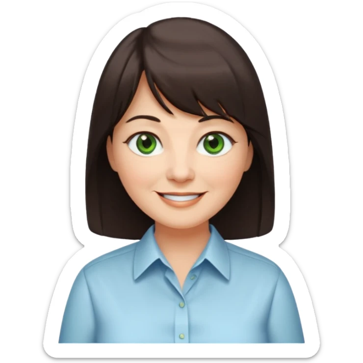 60 yr old woman, green eyes, long straight dark brown hair, business shirt, chubby, bangs sticker