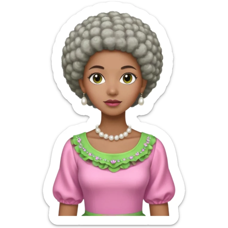 Pretty Brown woman with a very very short stylish gray Afro  wearing pink and green dress  and pearl blouse with sleeves sticker