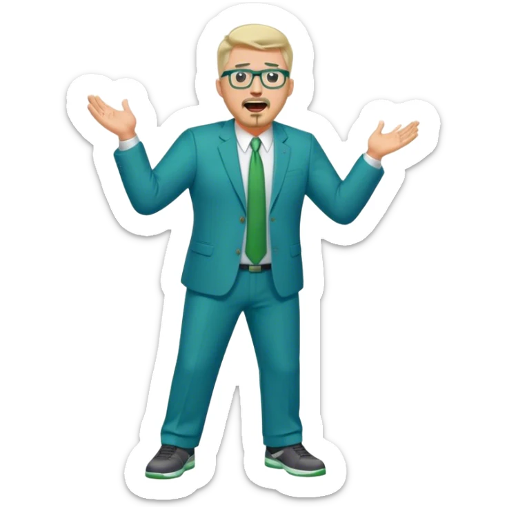 Full Body plus size white male yelling basketball team manager with glasses blondish gray short hair with a goatee wearing blue and green suit sticker