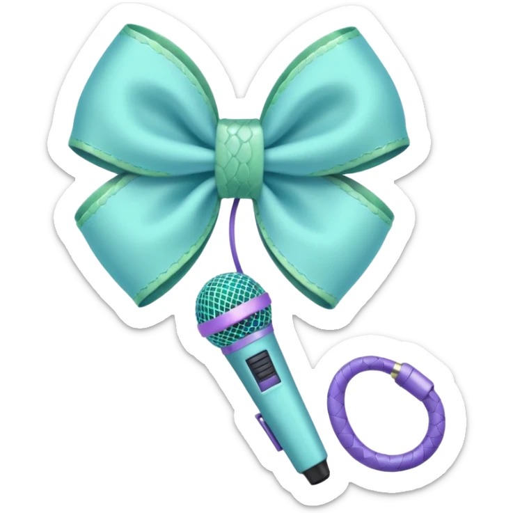A pastel blue bow with a pastel a pastel green snake at the top of one side and a pastel purple microphone on the bottom of the other side of the bow sticker