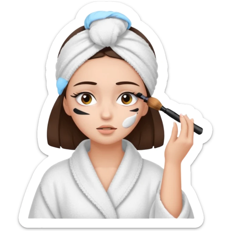 Girl with brown hair in white dressing gown and white towel wrapped in her head doing her makeup. Eyes closed white dark hair and towel wrapped differently doing mascara sticker