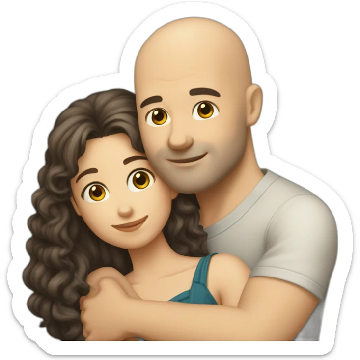 caucasian bald man and a caucasian woman with long curly dark hair and bangs hugging sticker