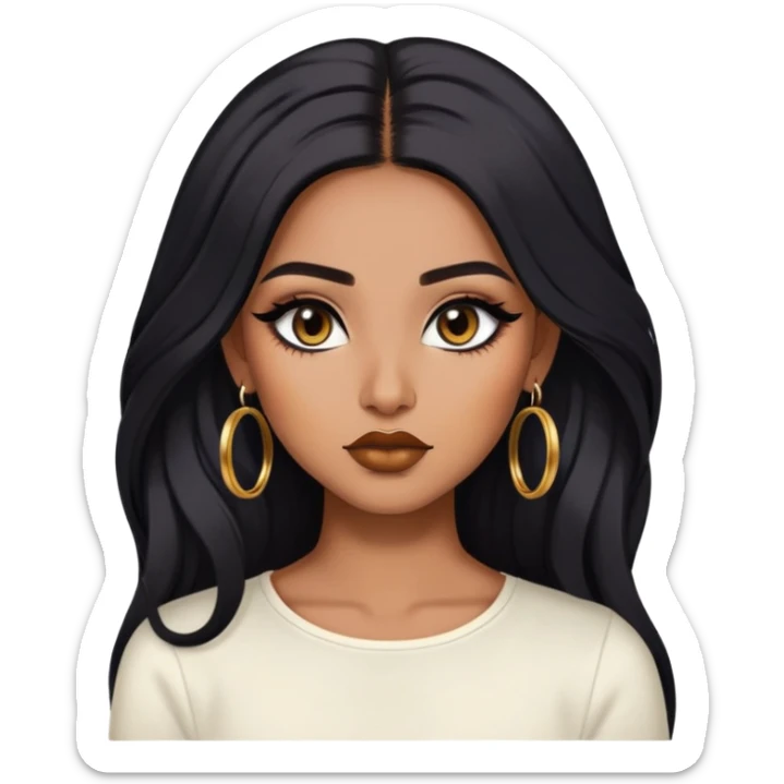 indian girl, brown skin, long black voluminous hair, brown underneath colored hair, baddie,pretty, makeup, lipliner, black eyeliner, gold hoop earrings, white top sticker