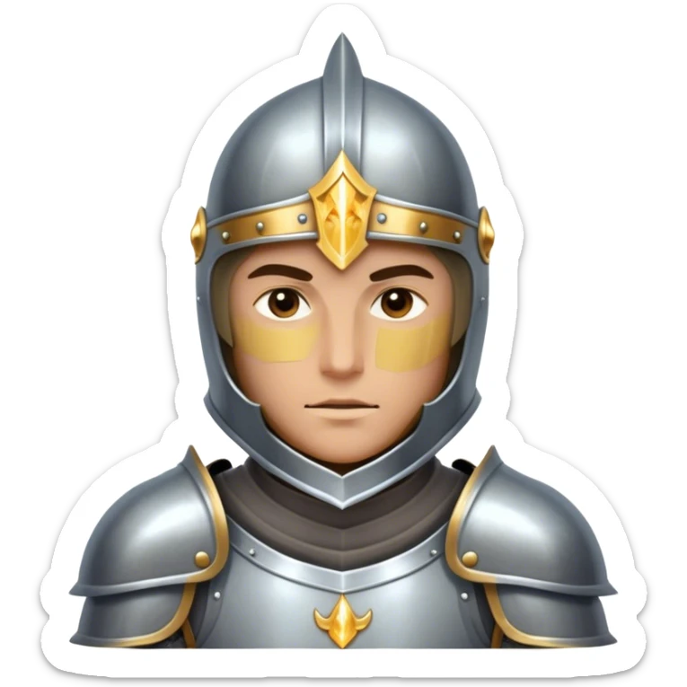 Clash of Clans aesthetic friendly Knight Portrait Emoji, With a noble, armored build featuring a gleaming suit adorned with intricate heraldry and a determined gaze behind a visored helm, his face rendered in a natural skin tone (not yellow), Simplified yet dynamic features, highly detailed, glowing with a cool, steely radiance, high shine, courageous and resolute, stylized with an air of chivalric valor, focused and stalwart, soft glowing outline, capturing the essence of a valiant knight ready to charge into epic quests with honor! sticker