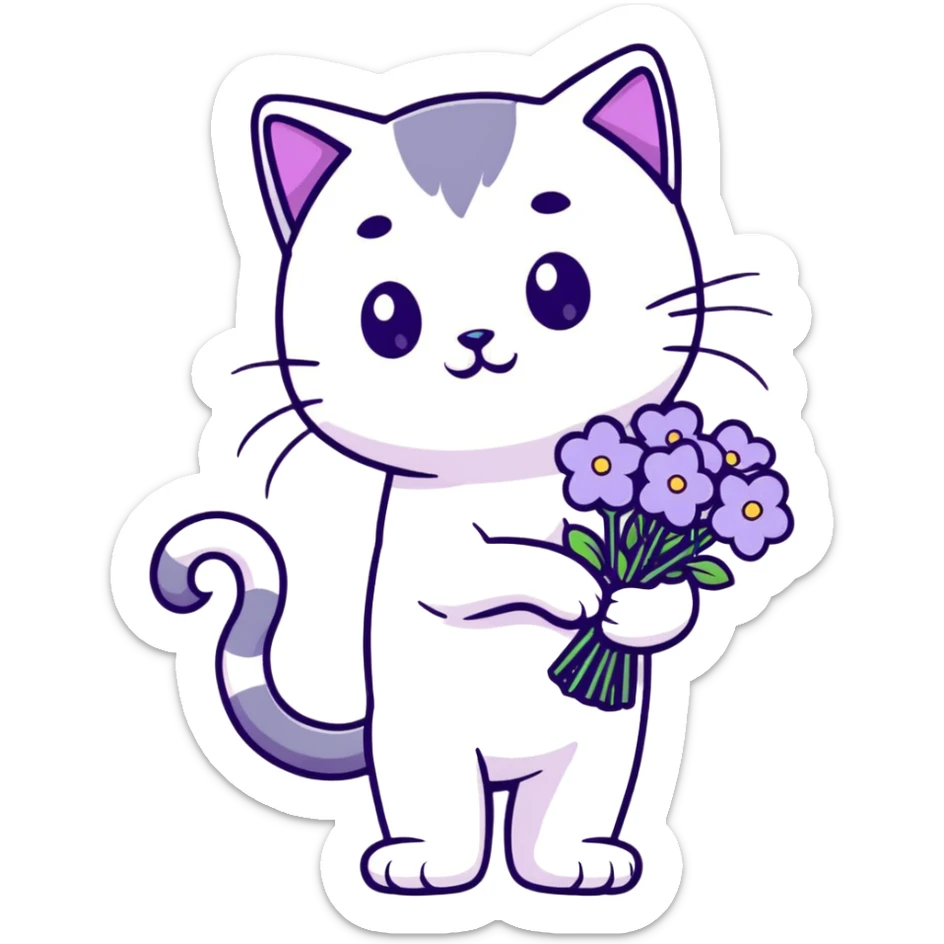 cat holding a bouquet of purple lilac flowers in hand, sticker style sticker
