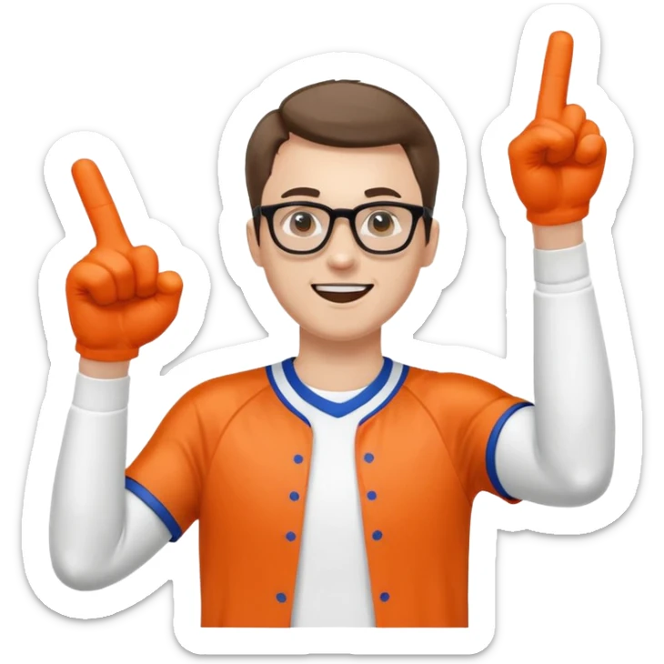 A slim man with glasses, pumping the foam finger in the air with bright enthusiasm. sticker