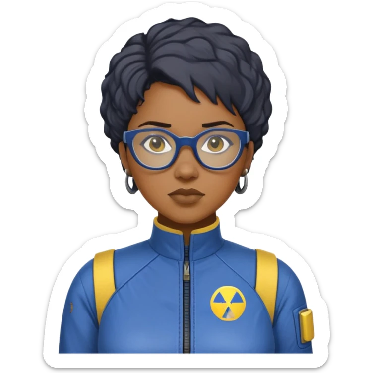 stern Black woman with short textured hair, glasses, wearing blue Fallout Vault jumpsuit with yellow trim and number on back, minimalist sticker