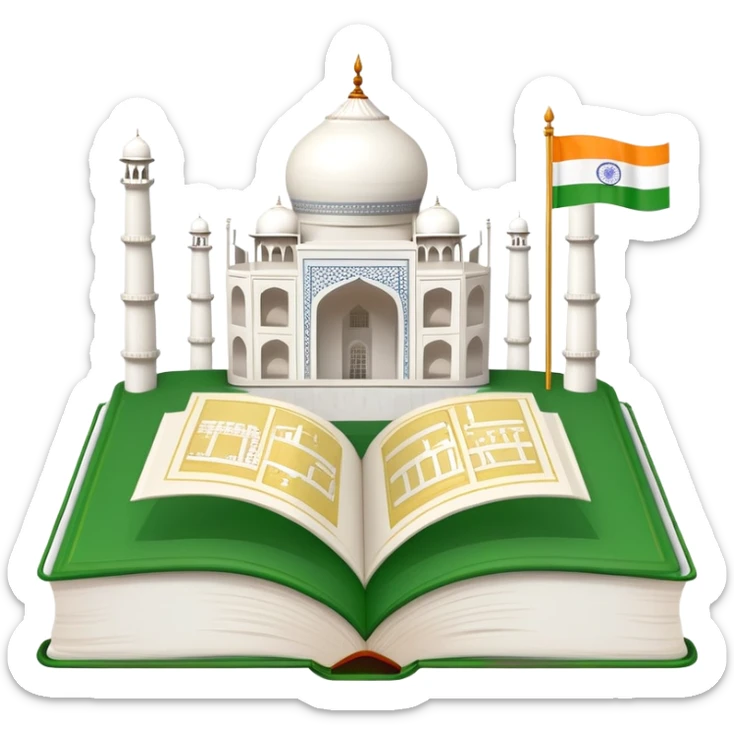 An icon featuring the Taj Mahal and the flag of India, symbolizing the Hindi language. The design includes an open book with hindi text, representing language learning and cultural richness. Transparent background highlights the heritage of India. sticker
