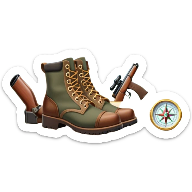 Icon for Hunting Tourism: a rifle, hunting boots, double-barrelled hunting rifle and a compass on a forest background, with a silhouette of wildlife in the distance. The icon should capture the adventure and connection with nature in hunting tourism. Transparent background. sticker