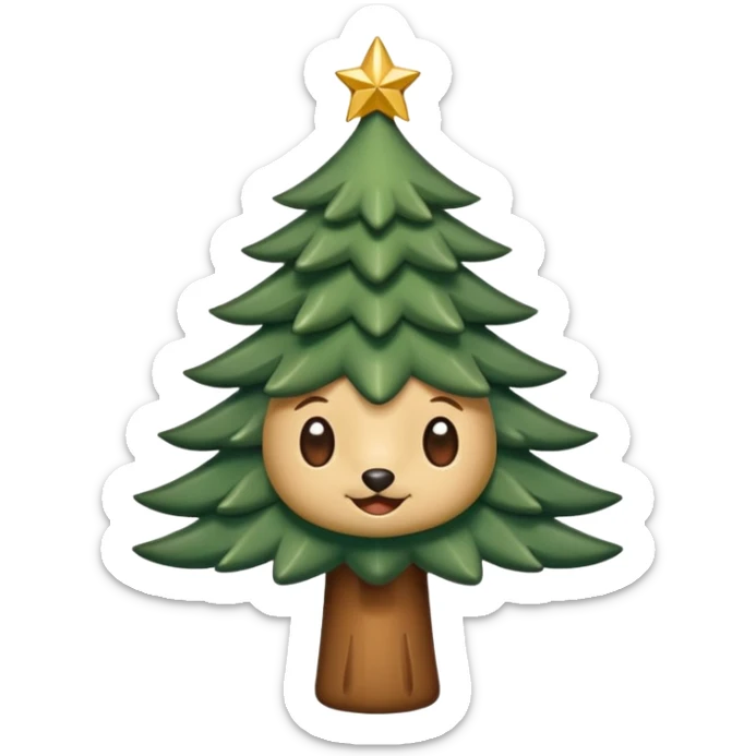 Un emoji représentant un petit sapin stylisé, sans bouche, avec deux grands yeux de biche brillants couleur cannelle. Style minimaliste, mignon et expressif, comme un sticker ou un emoji moderne. Fond parfaitement transparent, haute qualité, bien centré. sticker