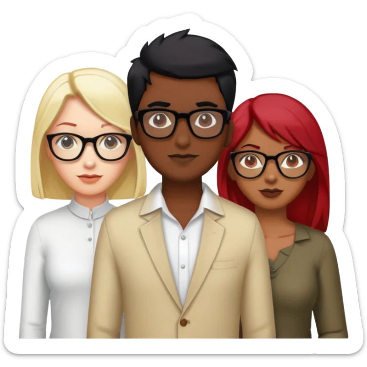 3 people. One male Indian with black hair. One female red hair glasses white. One female blonde hair glasses white  sticker