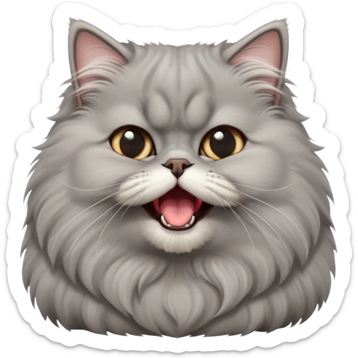 cinematic-adorable-big-eyed-fluffy-grey-persian-cat-portrait-emoji,-head-tilted-playfully-with-a-cute,-exaggerated-yawn,-fluffy-grey,-simplified-yet-irresistibly-cute-features sticker