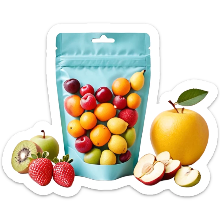 Ein weicher, bunter Standbeutel für Kinder, gefüllt mit püriertem Obstmus. Oben hat er einen kleinen wiederverschließbaren Schraubverschluss, aus dem Kinder direkt trinken oder saugen. Verpackung wie Babynahrung-Beutel aus dem Supermarkt, mit fröhlichem Obst-Design (Apfel, Banane, Erdbeere). sticker