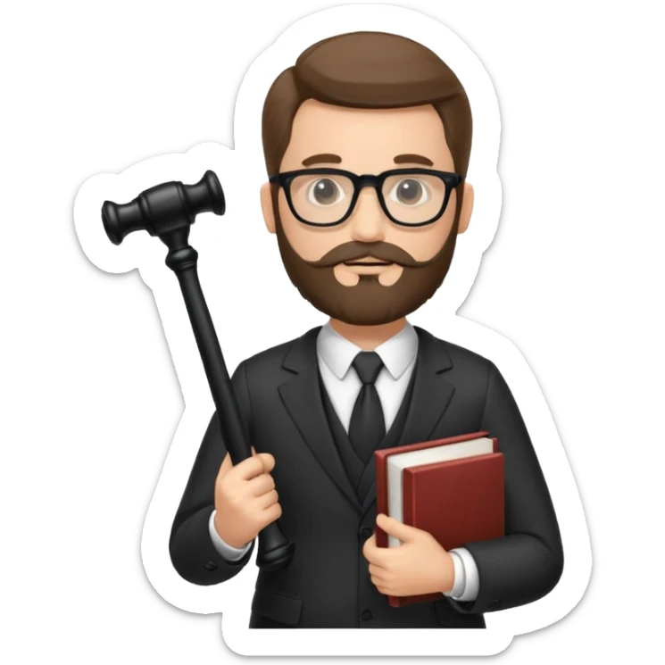 Create a male lawyer. he is wearing a fromal suit jckeret. He is holding a gavel in one hand and a book tucked under his another arm. He has beard and glasses sticker
