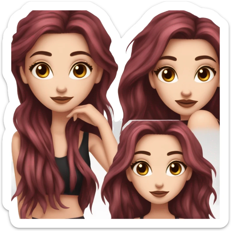 white girl, long straight middle part burgundy hair, brown eyes, long eyelashes, full lips, black tank top sticker