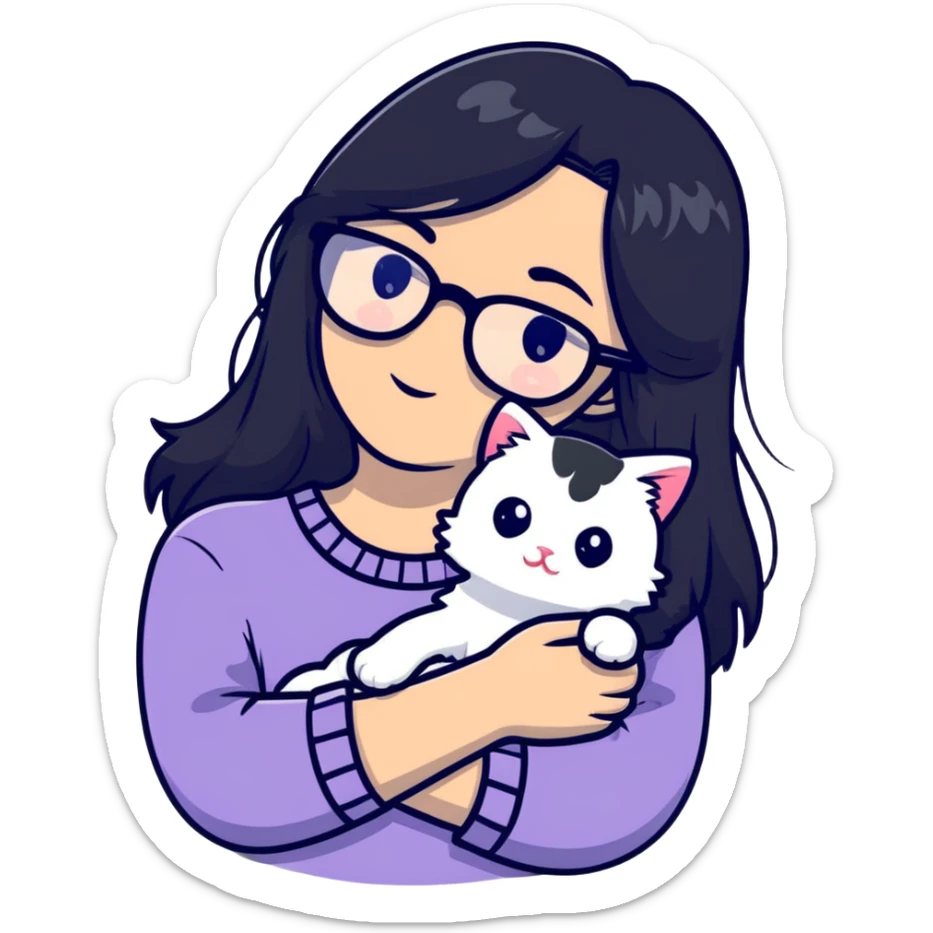Girl with long black hair and glasses holding a white kitten sticker