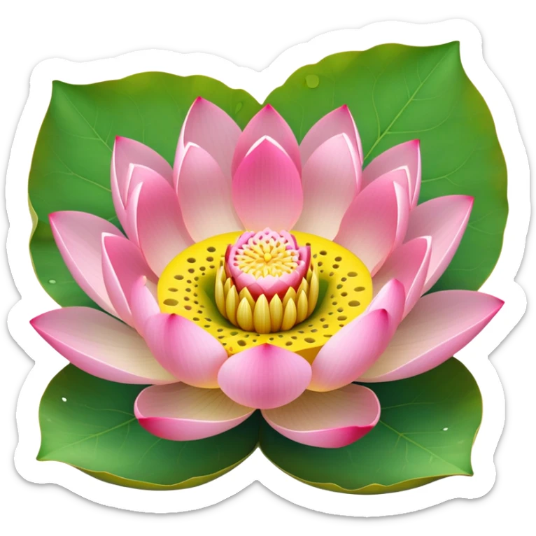 Simple pink lotus flower with accurate yellow seedpod center with distinct holes for seeds, surrounded by pink petals and characteristic notched lotus leaf sticker