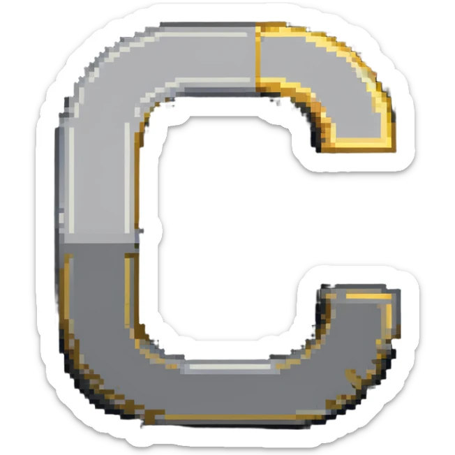 Pixelated letter C in various shades of gray, with golden pixel halo above it, 8-bit style sticker