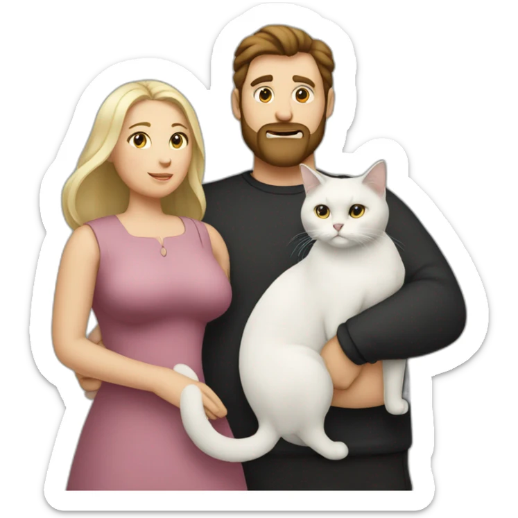 Family photo a fat husband with a beard is holding a white cat and wife with straight hair is holding a black cat sticker