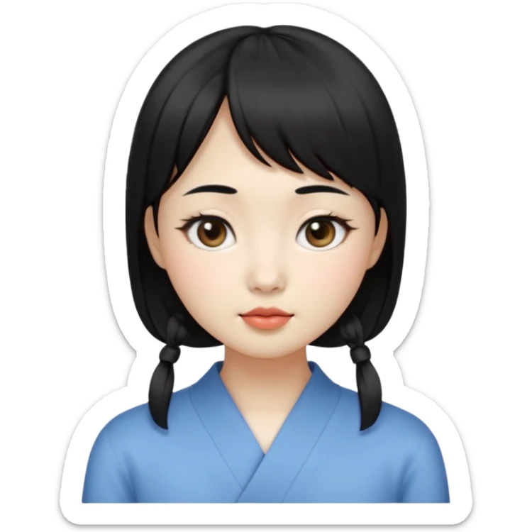 Clean Korean illustration-style emoji portrait of a young Korean woman, front-facing.
Smooth porcelain skin, soft shading, large round eyes, calm neutral expression.
Straight black bangs, black hair tied back, small nose and lips.
Round oval face, soft jawline.

 sticker