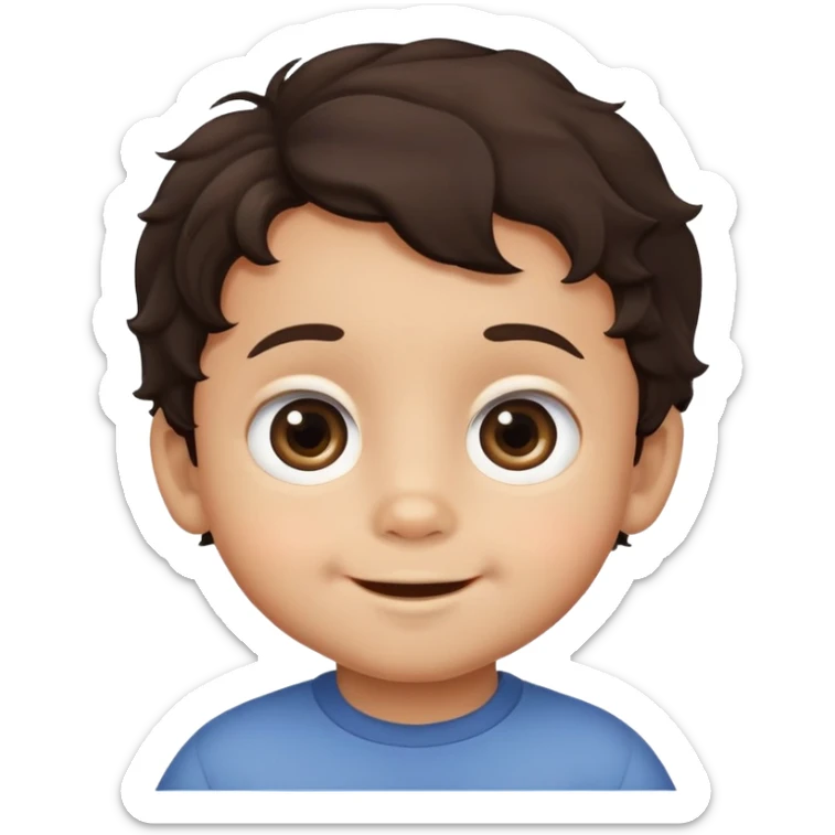 close-up of round smiling toddler boy face only with big eyes, medium skin tone, dark wavy hair, no neck visible, just the face sticker