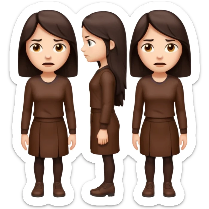 =Cartoon emoji of a woman with long, loose dark hair, wearing chocolate-colored clothes. Full-height, standing, nervous, unsure, worried expression. Slightly hunched, anxious posture. Smooth, simple, stylized sticker