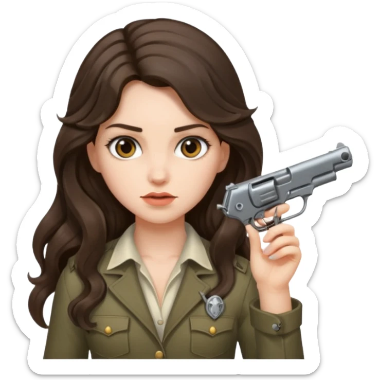 A brunette with long wavy hair girl who is about to kill herself with a littlr gun pointed at her temple sticker