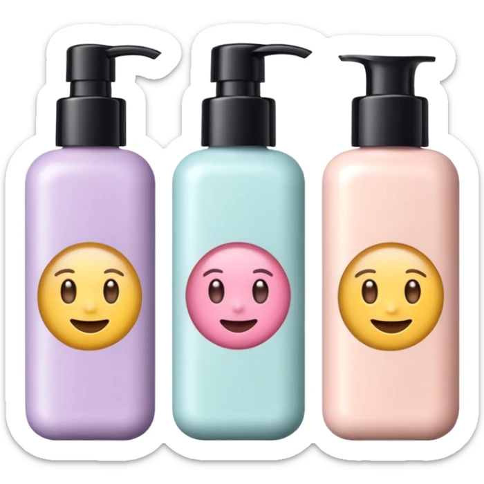 emoji of three different beauty products, with brand labels, minimalistic but luxury design (realistic), pastel colors sticker