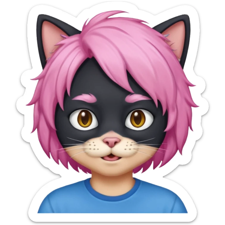 Black cat wearing a male pink hair wig, blue T-shirt sticker