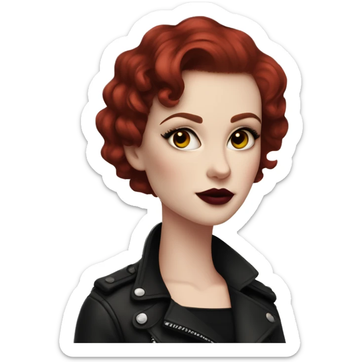 Girl with very pale skin, bright red curly short hair with a side part, black cat-eye makeup, long eyelashes, dark maroon blush and lipstick.  Her eyebrows are dark, arched and very high.  Hazel eyes. Big lips. Thin. Wearing a black biker jacket  sticker