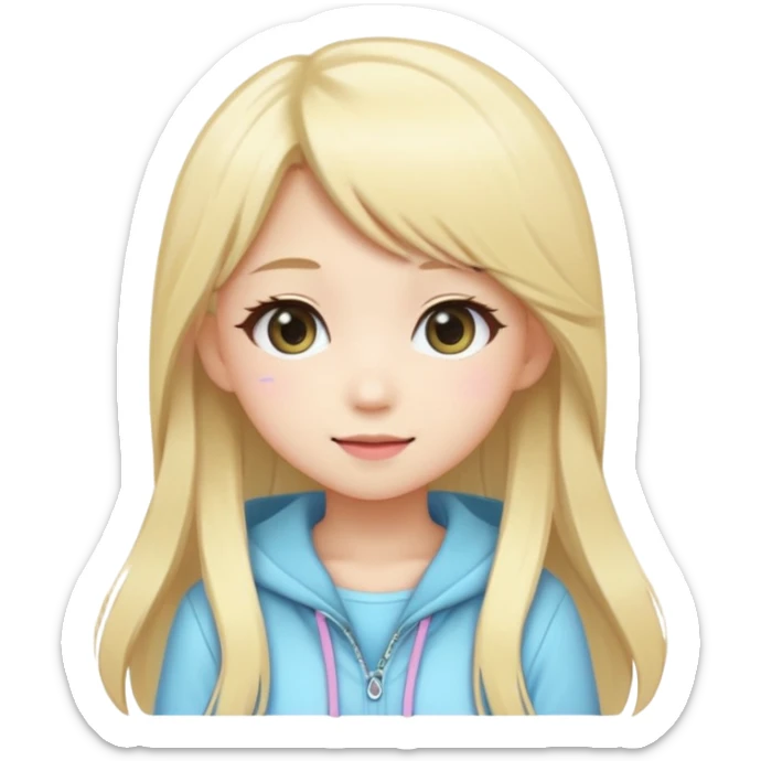 Cute kawaii emoji-style Japanese K-pop girl, blonde long hair , trendy K-pop outfit with Japanese cute fashion vibes, big sparkling eyes, chibi proportions, clean lineart, pastel colors, cheerful idol smile, sticker/emoji style, transparent background sticker