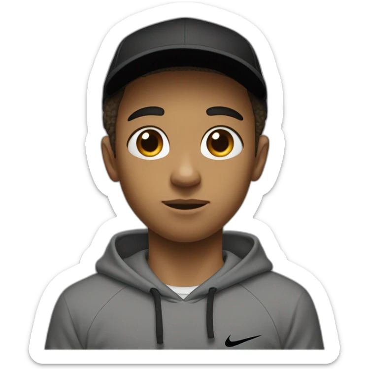 light brown boy with hair until his ears wearing a black nike cap and nike hoodie and black pants medium eye opening trying to think sticker