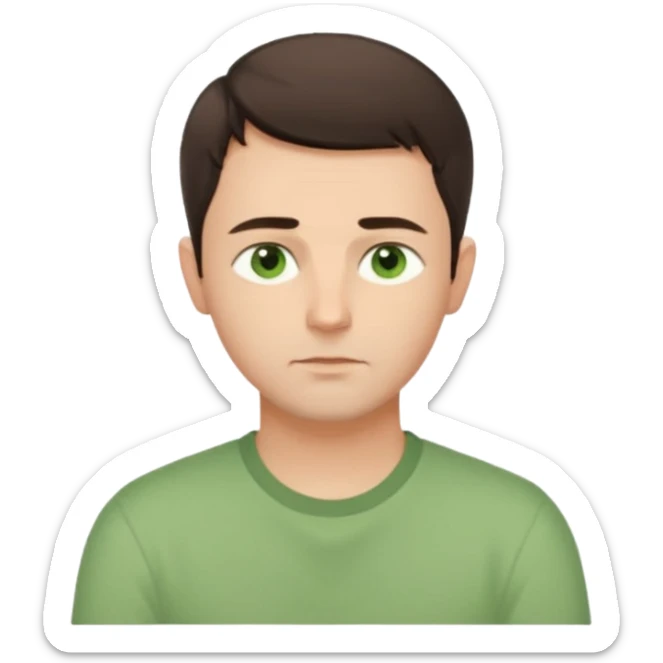 Gentle man, European facial features, short dark brown hair, green eyes, light green shirt. Seated calmly, gazing thoughtfully. Soft light, subtle fern. Waist-up, profile. sticker