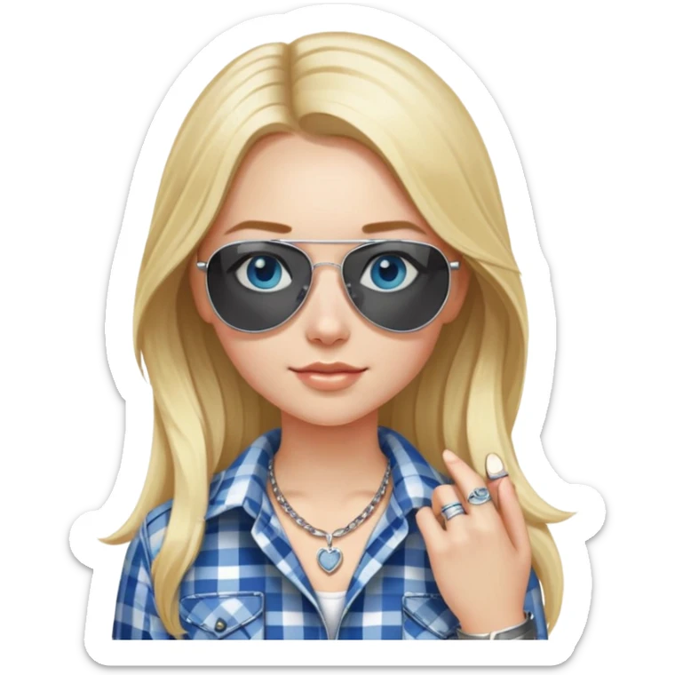 girl with long blond hair, wearing black and white plaid shirt with blue eyes and aviator sunglasses wearing a ring on her silver necklace sticker
