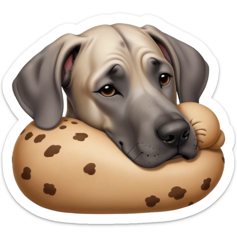 Meme-Worthy Cute Sleeping Fawn Great Dane Portrait Emoji, Head resting peacefully with a contented smile, showcasing a delightfully solid build and a luxuriously soft fawn Fur, eyes shut in a serene nap, Simplified yet hilariously adorable features, highly detailed, glowing with a soft, drowsy light, high shine, relaxed and utterly lovable, stylized with an air of playful laziness, bright and heartwarming, soft glowing outline, capturing the essence of a comically sleepy guardian, so meme-worthy it feels like it could instantly become the next viral sensation of adorable slumber! sticker