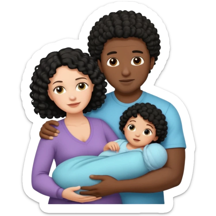 family: white woman curly black hair, black man with short black frizz hair, one 2 y o daughter , and a newborn in the and of the mother sticker