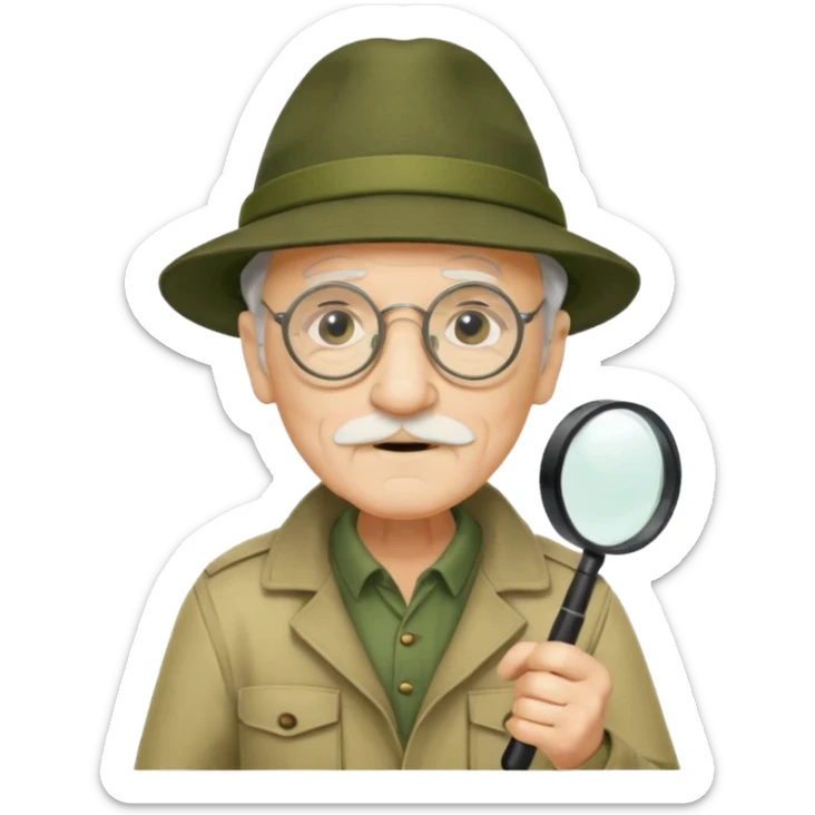 old man in beige moss green explorer outfit, wear black glass, hat, holding magnifying glass sticker