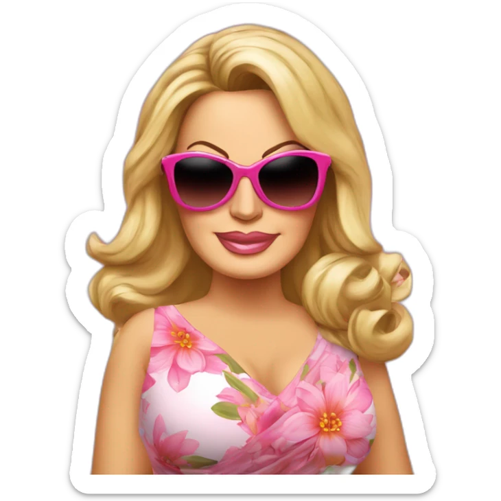 Jennifer Coolidge from tv show White Lotus. She is wearing a large vintage sunglasses. She has a pink head scarf and pink floral dress sticker